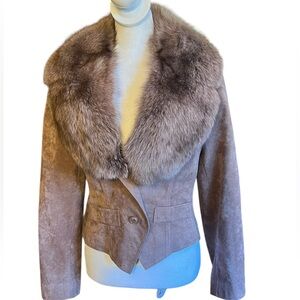 Saks Fifth Avenue Brown Suede Jacket with Fur Collar